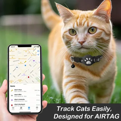 Adjustable Cat Collar Bluetooth Anti-Lost Tracker Two-way Find Alarm Reflective Lights Waterproof Modern Print Footprint Airtag