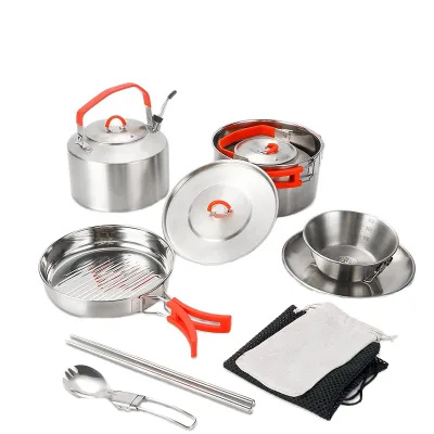 304 Stainless Steel Portable Cookware Set for Camping Outdoor Kettle and Pot Storage Combination Practical Cookware Supplies