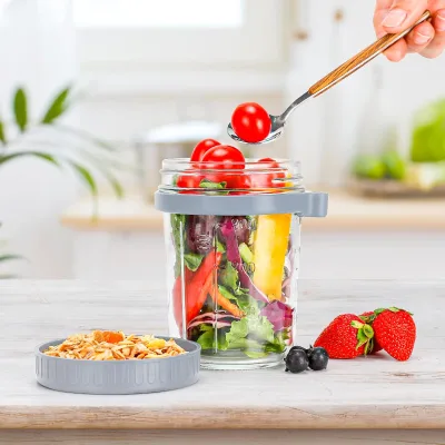 Wholesale Stock 350ml Two-piece Food Storage tank with Spoon and Lid Suitable for Overnight Oats Storage Jar for Grain Oats