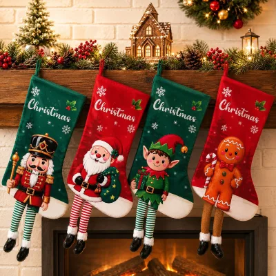 Harmony 3D Leg Design Christmas Stockings with Santa Elf Nutcracker Gingerbread Print, Velvet Xmas Gift Socks