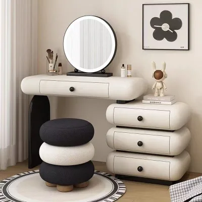 Modern Minimalist Solid Teak Wood Dresser with Lighted Mirror and Storage Bucket Cabinet Light Luxury White for Bedroom Use