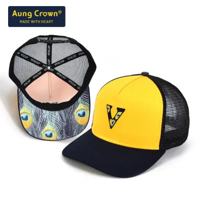 Custom Embroidered Logo Cotton Twill Pre Curved Brim Two Tone 5 Panel Snapback Print Pattern Under Brim Mesh Trucker Hats