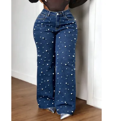 Plus Size Women's High Waist Fashionable Beaded Embellished Straight Leg Jeans Elegant Carnival for Spring Valentine's Day
