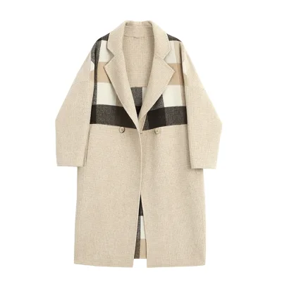 Wholesale Custom Ladies Jackets Elegant Trendy Plaid Long Woolen Coat with Oversize Long Sleeve & Sashes Outerwear for Women