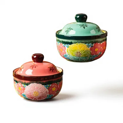 Green Shadow Dinai Ceramic Water-proof Microwave Safe Stew Jar Lid Light Luxury Retro Pastoral Design One-person Steamed Egg