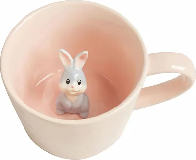 Rabbit Ceramic Cup Hidden 3D Animal Inside Mug Cute Cartoon Bunny Handmade Figurine Mugs Easter Gifts 12 OZ (Pink)