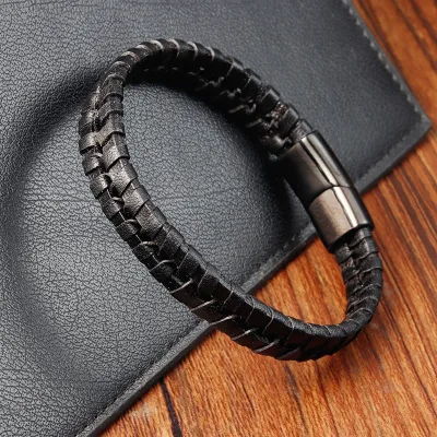 Custom Black Double Braided Men's Leather Bracelet with Stainless Steel Magnetic Clasp