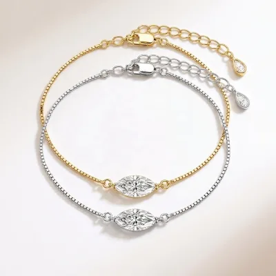 S925 Sterling Silver 1ct Marquise Cut Moissanite Box Chain Gold Plated Dainty Solitaire diamond Bracelet Jewelry Gift for Women