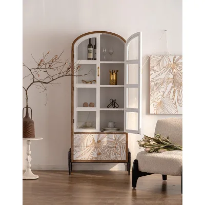 Antique Boho Home Furniture Rattan showcase Corner Living Room Wood Furniture Accent Arched Storage Wine Cabinets