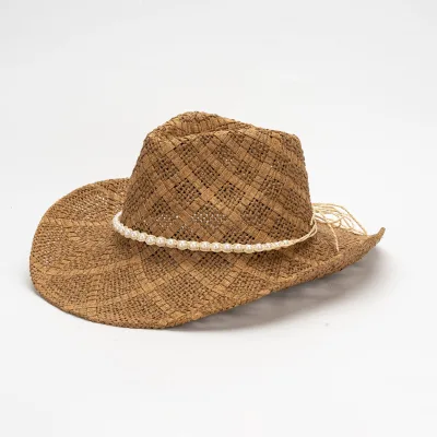 2025 Spring Summer Unisex High Quality Cowboy Straw Hats Custom Brim Riding Travel Fedora Pearl Belt Wholesale Fishing Sports