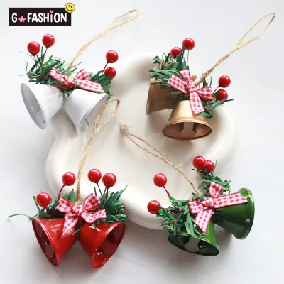Wholesale Red Bell Christmas Ornament Plaid Bow Pine Berry Hanging Decor Xmas Tree Pendant Holiday Home Decoration