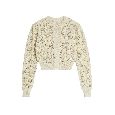 Autumn Retro Single Breasted Long Sleeve Beige Cardigan Sweater Girls' Bow-Embellished Knitted Jacket with Front Bow Tie