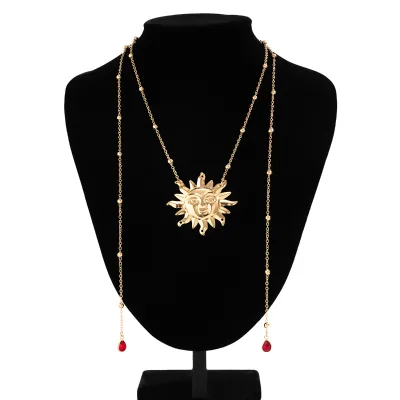 Exaggerated Sun Pendant Necklace Retro Tassel Red Droplet Necklace for Women