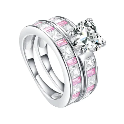Sterling Silver Heart Zircon Couple Ring Love Forever Wedding Rings Set