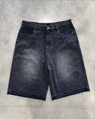Full Rhinestone New Arrival Custom Men's Denim Shorts Streetwear Loose Men's Vintage Sun Fade Jorts