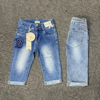 In Stock Pants for Kids Appliqued Knee-length Girls Pants Spandex Denim 6-24m Infant Girls Jeans