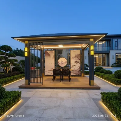 Zen Moonlit Aluminum Pavilion, Chinese Style Garden Gazebo with Warm Lighting