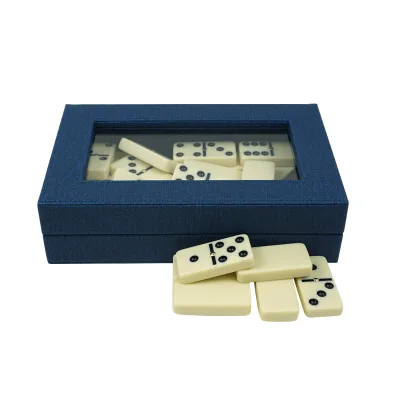 Domino Games Manufacturers Customized Clear Lid Blue Leather Gift Box Domino Set Ivory or Custom Colored Dominoes