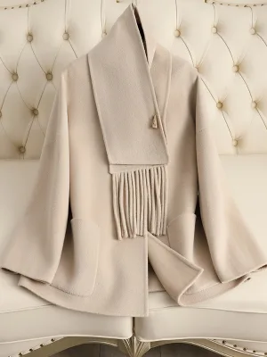 Women's Double-Faced Polyester Coat 2025 New Arrival High-End Niche Atmosphere Fringe Scarf Breathable Winter Casual Outerwear