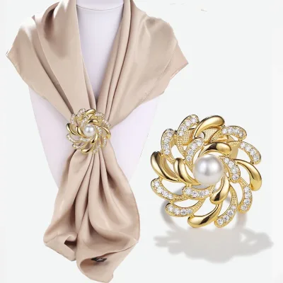 New Metal Rhinestone Scarf Buckle DIY Silk Scarf Crystal Flower Brooch T-shirt Decoration Pearl Buckle Ring Clip Jewelry Gift