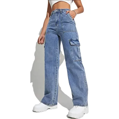 Y2k Women's Jeans Cargo Pants 4 Side Pockets Top Quality Plus Size Wide Leg Trousers Denim Cargo Pants for Women