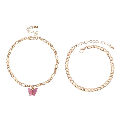 Bohemian Style Multi-Color Stainless Steel Bracelet Anklets Beach Foot Chain Double Layers Butterfly Barefoot Plated for Ladies