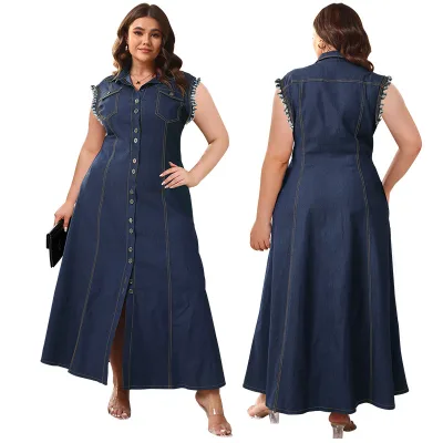 Women's Plus Size Blue Button Cardigan Denim Long Dress