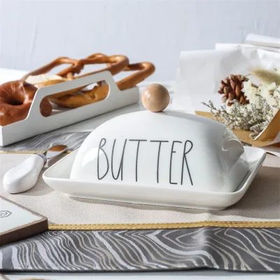 Best Quality Hotel White Rectangle Butter Holder Custom Pattern Ceramic Butter Dish With Lid