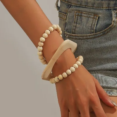 Wholesale Wood Bead Chain Square Bangle Bracelet Set Vintage Bohemian for Women Men Summer Party Hand Ornament
