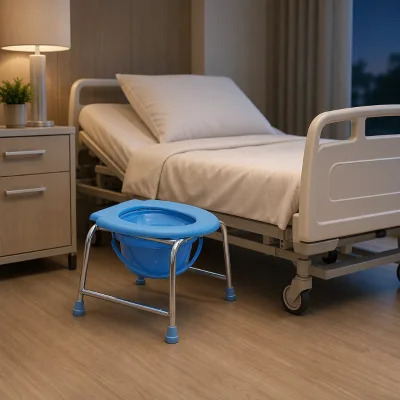 Portable Commode Chair Bucket Type Chrome Steel Frame Light Blue Plastic Seat 33cm Low Height Wholesale