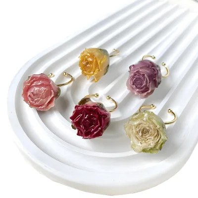 Eternal Flower Dried Flower Ring Natural True Flower Yellow Red Rose Retro Female Light Luxury High Sense Opening Ring
