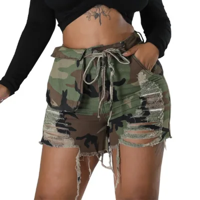 Hot Sale Women Camouflage Jean Shorts Drawstring Waist Multi Pockets Tassel Casual Camo Short Pants