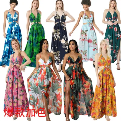 New Arrival High Quality Summer Women Plus Size Maxi Floral Halter Neck Casual Sexy Breathable Elegant Backless Beach Dress