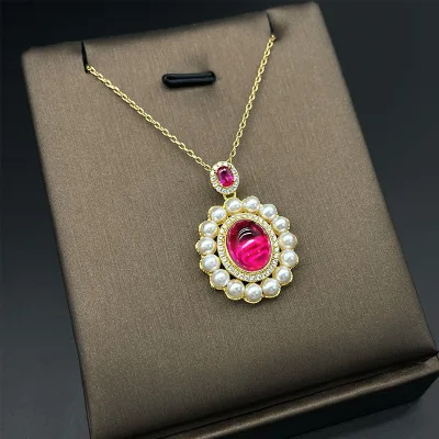 New Elegant Temperament Oval Inlaid Pearl Ruby Pendant S925 Sterling Silver Necklace