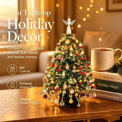 New Handmade Mini Desk DIY Beaded Christmas Tree Making Kit with Lights, Create Your Own Sparkling Holiday Decoration