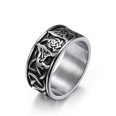 Norse Viking Stainless Steel Casting Vintage Celtic Knot Defense Totem Wolf Mythology Finger Rings for Women Men