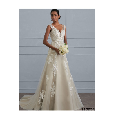 Lace Applique Bead Crystal Princess Slim Bridal Gown Ivory Wedding Dress for Bride
