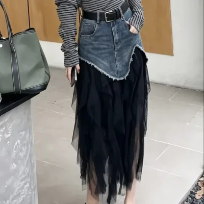 Niche Design Mesh Stitching Denim Skirt Women's Irregular Loose High Waist A-shaped Age-reducing Long Skirt