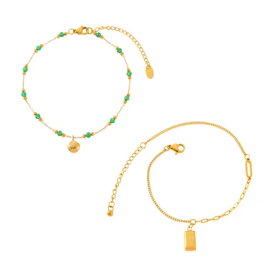 Casual Wind Shell Small Gold Pendant Niche Green Beaded Design Temperament Stainless Steel Gold-plated Anklet