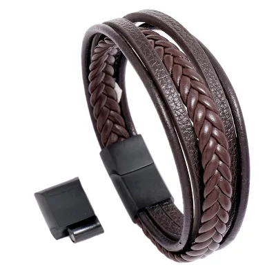 Stainless steel magnetic clasp men's genuine leather bracelet with creative multi-layered and simple woven leather wristband