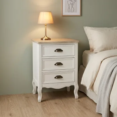 French 3 Drawer Nightstand White Vintage Carved Bedside Cabinet Farmhouse Curved Leg End Table
