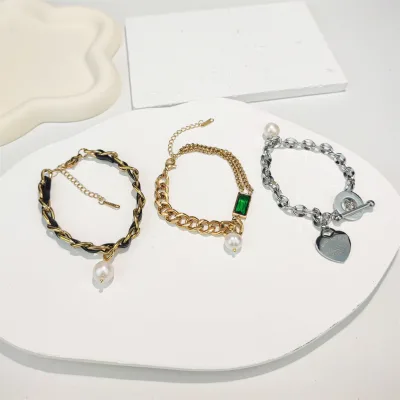 Waterproof Jewelry Real Freshwater Pearl Heart Gift Bracelet High Quality Stainless Steel Gold Plated Thick Chain Paved Emerald