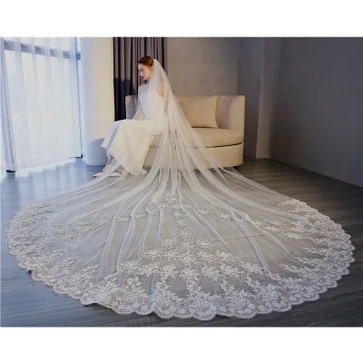 GENYA Bride Use Veil Appliqued Lace Cathedral Train Wedding Veil 3.5m Width Cover Face Soft Tulle Bridal Veil Fashion