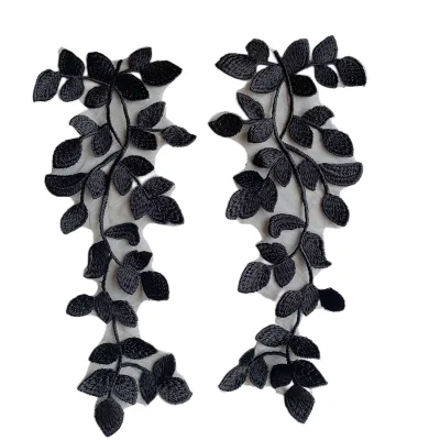 Black and White Color Rayon Material Delicate Tree Leaf Embroidery Lace Mirrored Flower Applique