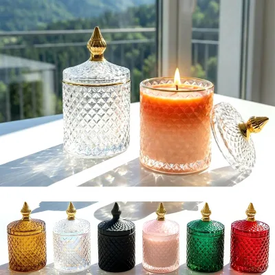 FENGJUN 10oz Embossed Diamond Cut Glass Candle Vessel Multicolored Rainbow Empty Scented Candle Jar for Handmade Candles