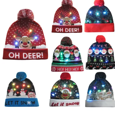 Winter Party Halloween Funny Holiday Party LED Glow Christmas Head Warm Knit Hat