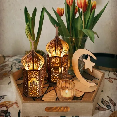 Creative Ramadan Decoration DIY Handmade Wooden Crafts Muslim Eid Wooden Carved Lighthouse Lights