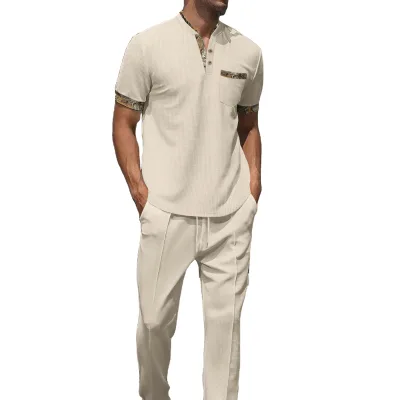 Men's Summer Waffle Polo Shirt Pants Set With Pocket Stand up Collar Solid Color Men's Set OEM