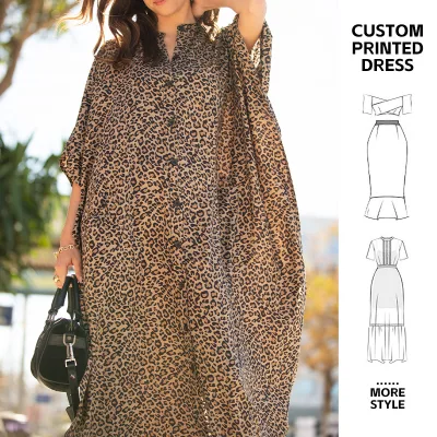 Aschulman Oem Summer Vacation Allover Printed Button up Kaftan Beachwear Dress Shirt Viscose Kaftan African for Women