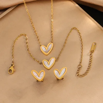 Stainless Steel Heart Shell Pendent Necklace Women's Minimalist Trendy Necklace Stud Earrings Bracelet Jewelry Set No Fade
